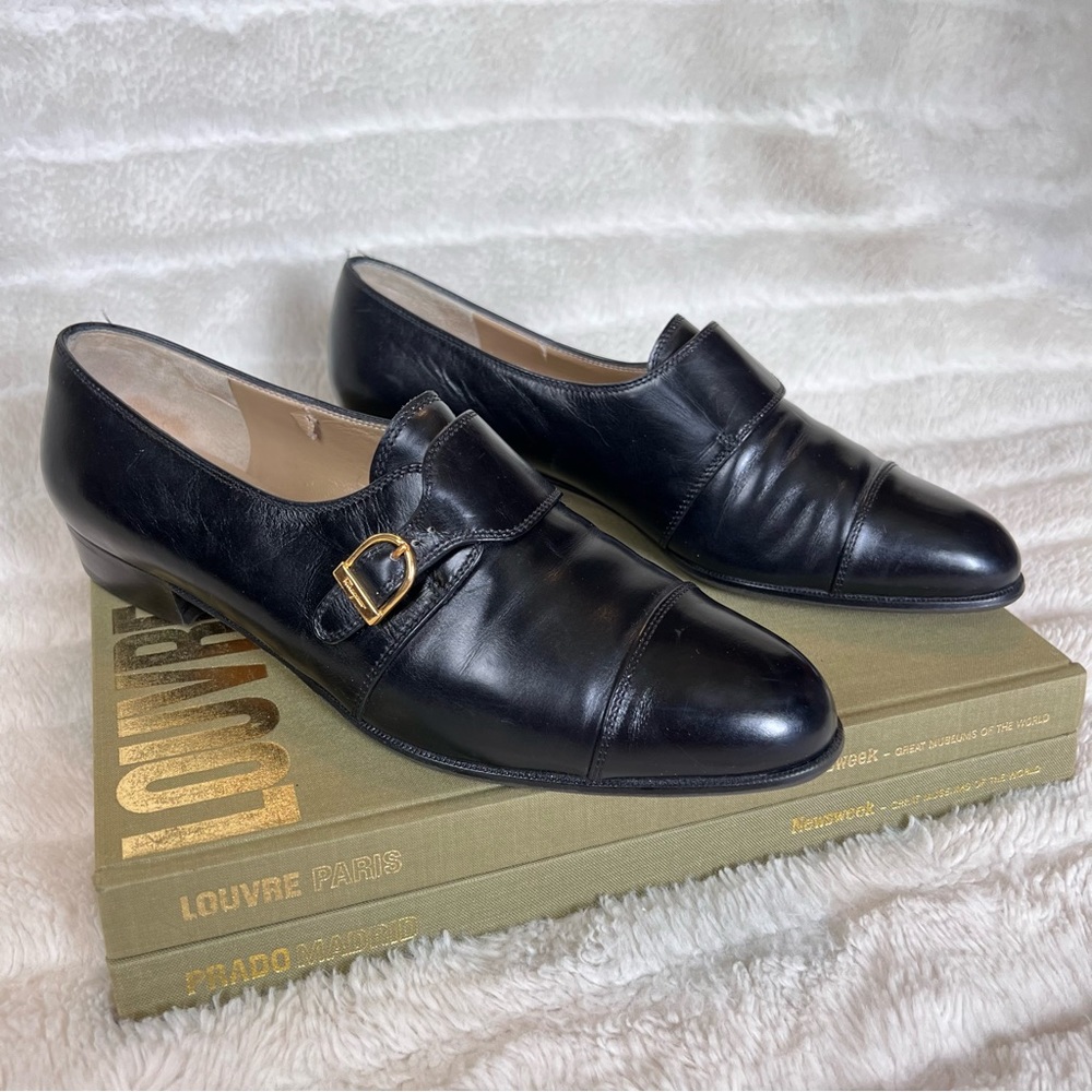 SALVATORE FERRAGAMO vintage black leather monk strap flats | size 8.5 C